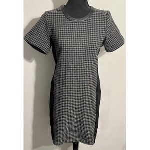 J Crew Dress Womens 4 Gray Black Houndstooth Wool‎ Leather Trim Sheath B1703